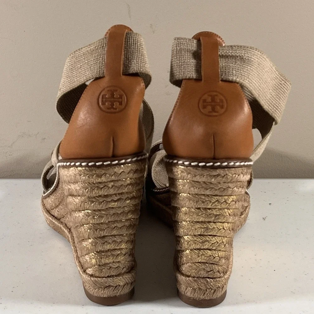 Tory Burch Sandals Womens 9.5 Khaki Frieda Stripe Platform Espadrille Wedge Heel - Picture 3 of 11